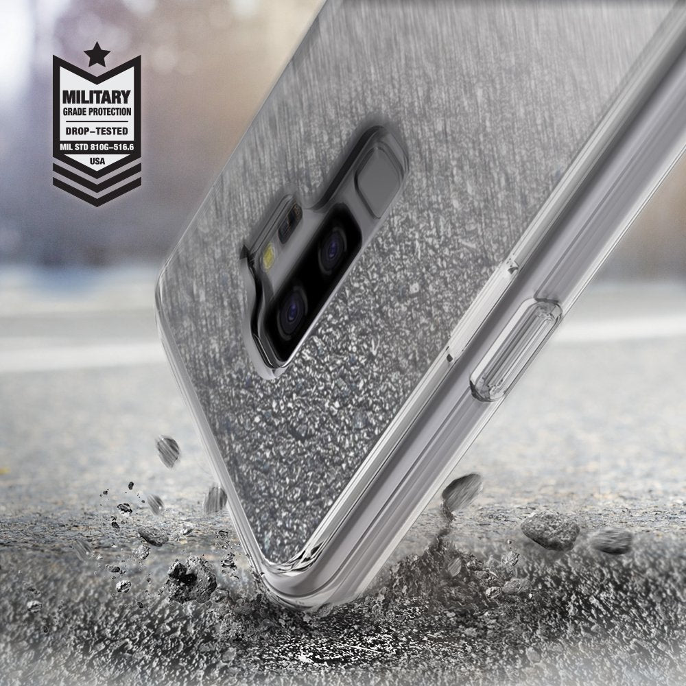 Galaxy S9 Plus Case | Mirror - Silver - Silver mirror phone case hitting asphalt with military grade protection badge.