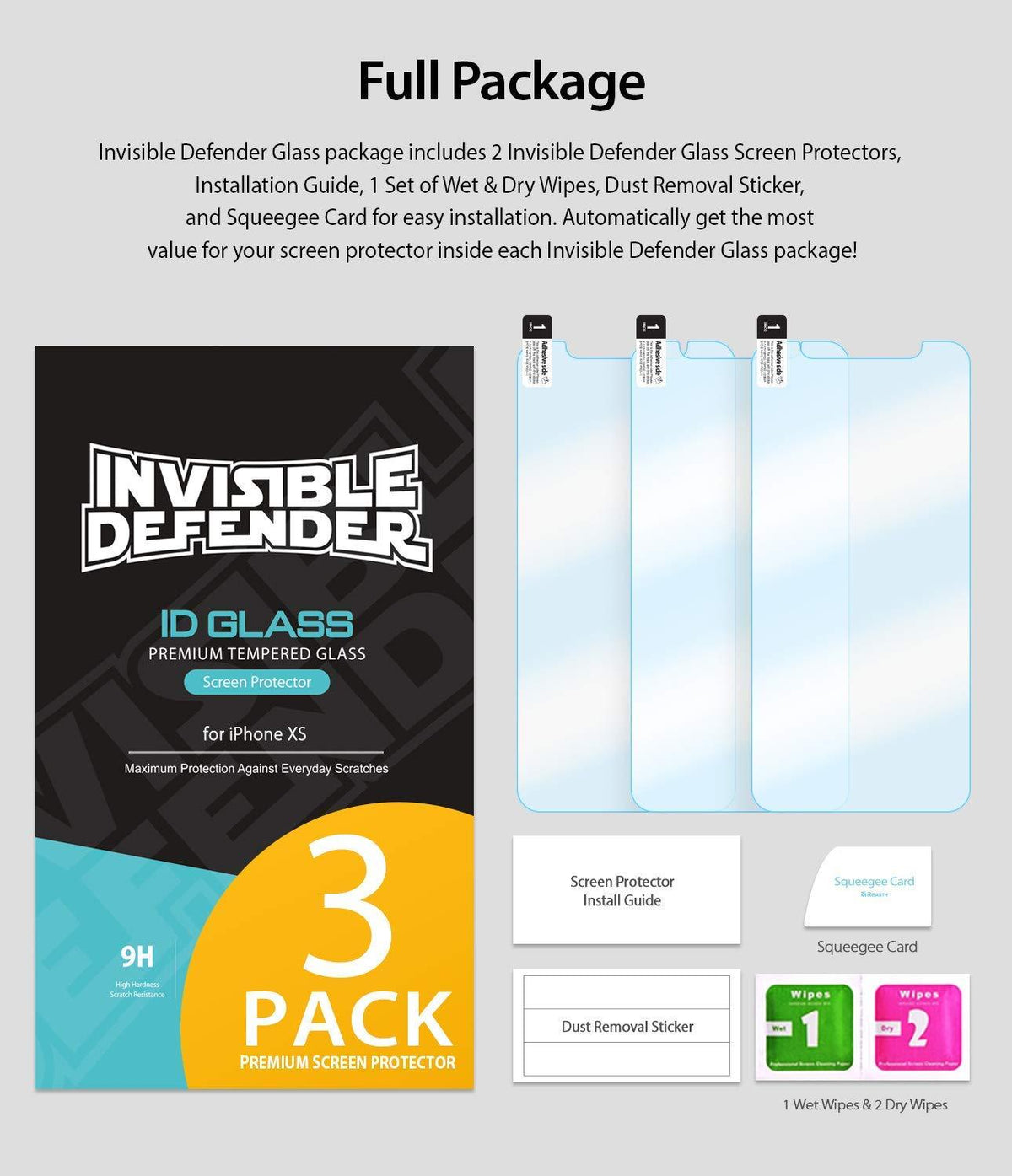 iPhone XS Screen Protector | Invisible Defender Glass - Package contents including three glass protectors, wipes, squeegee, and installation guide.