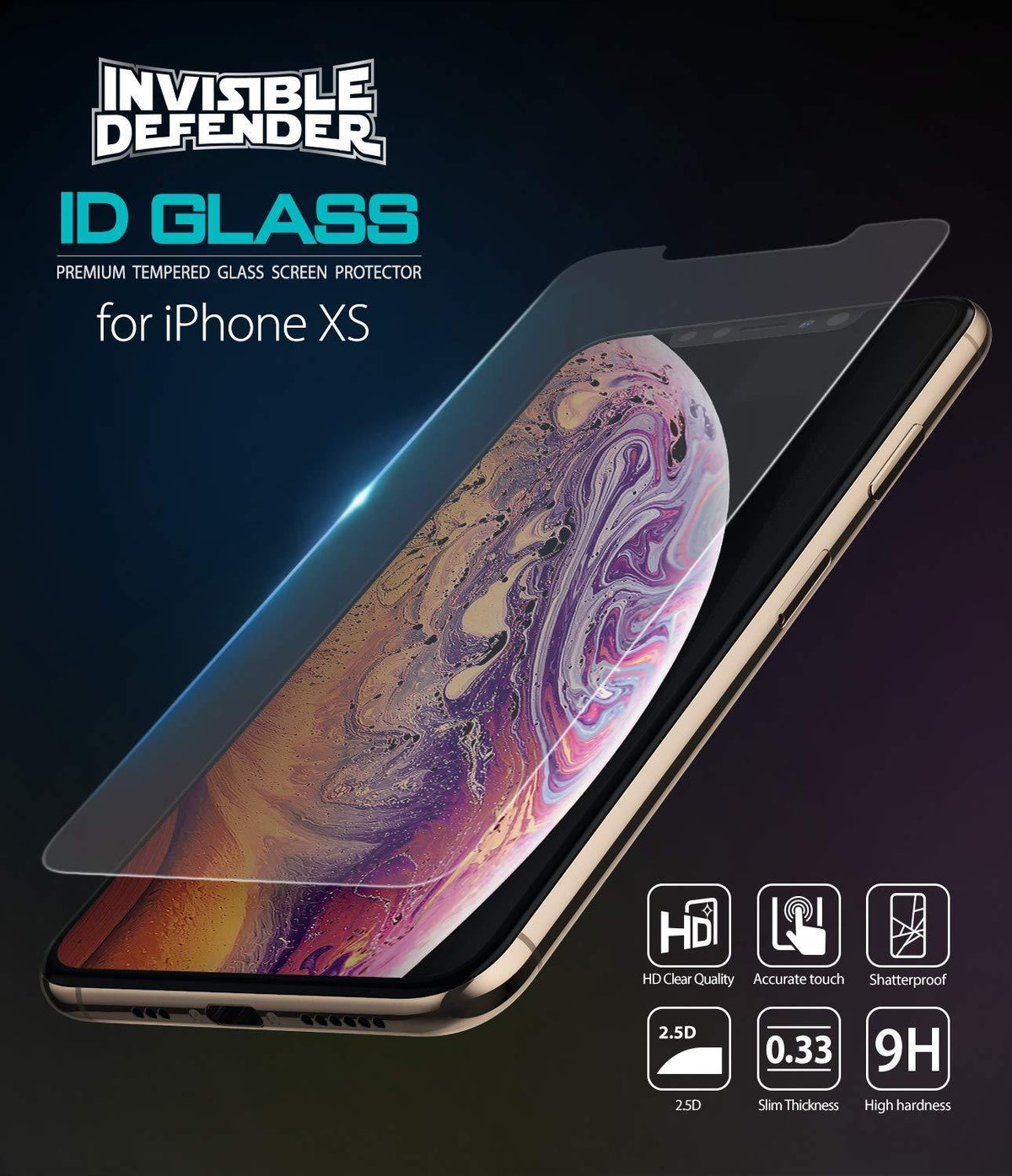 iPhone XS Screen Protector | Invisible Defender Glass - iPhone XS Screen Protector - Invisible Defender glass being applied to an iPhone XS with feature icons for HD and 9H hardness.