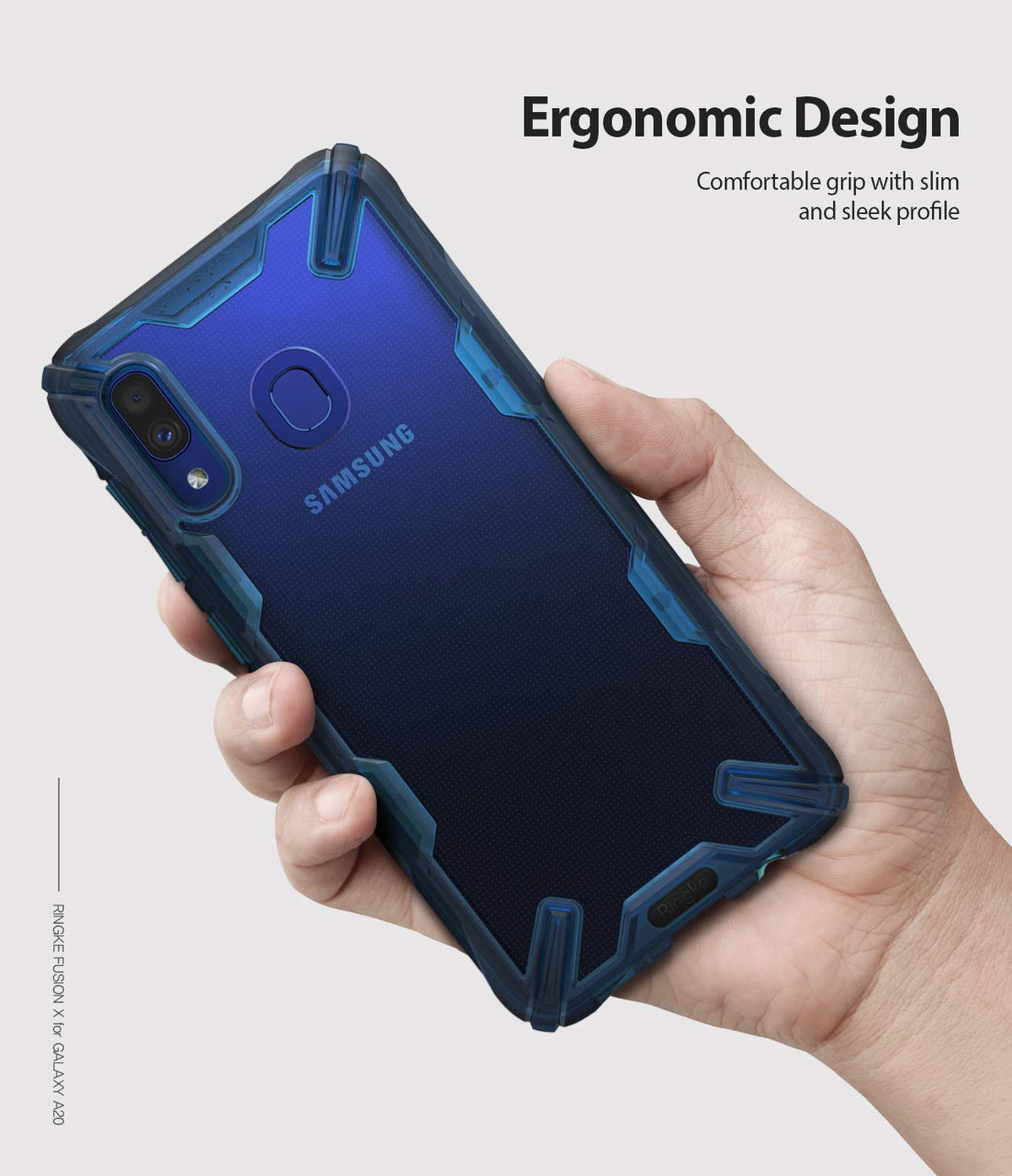 Galaxy A20 Case | Fusion-X - A hand holding a Samsung Galaxy A20 in a blue, rugged, transparent Fusion-X protective case.