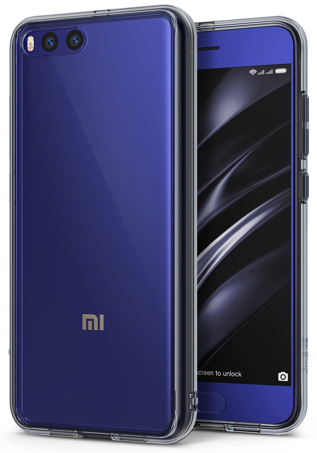 Mi 6 Case | Fusion - A blue smartphone inside a clear protective case, showing both the back dual-camera and the front screen.