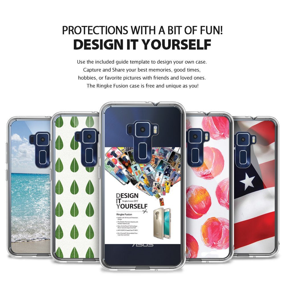 Zenfone 3 Case | Fusion - Five clear phone cases with various custom designs displayed against a white background.