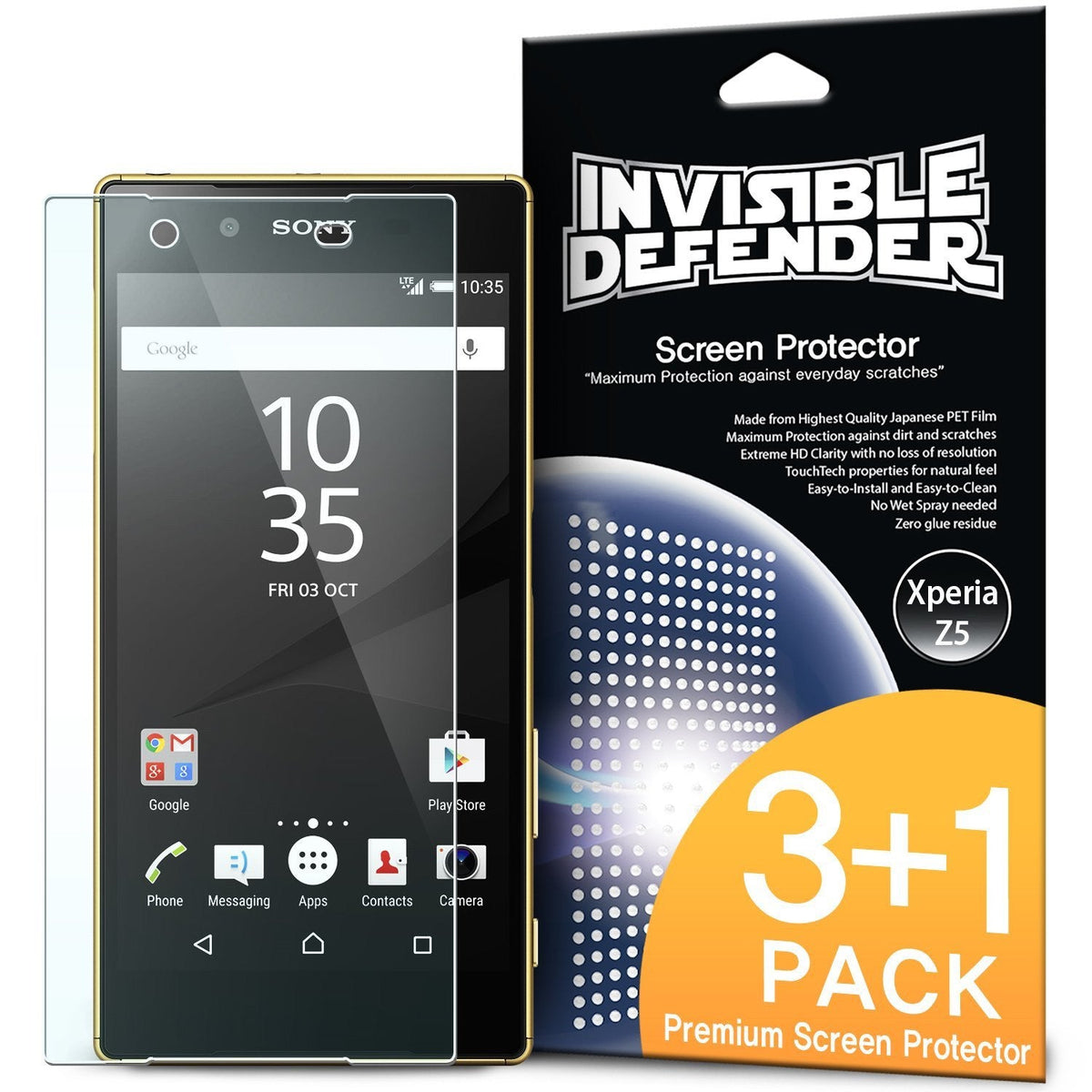 Xperia Z5 Screen Protector | Invisible Defender - Xperia Z5 Screen Protector - Sony Xperia Z5 smartphone next to an Invisible Defender 3+1 pack screen protector box.