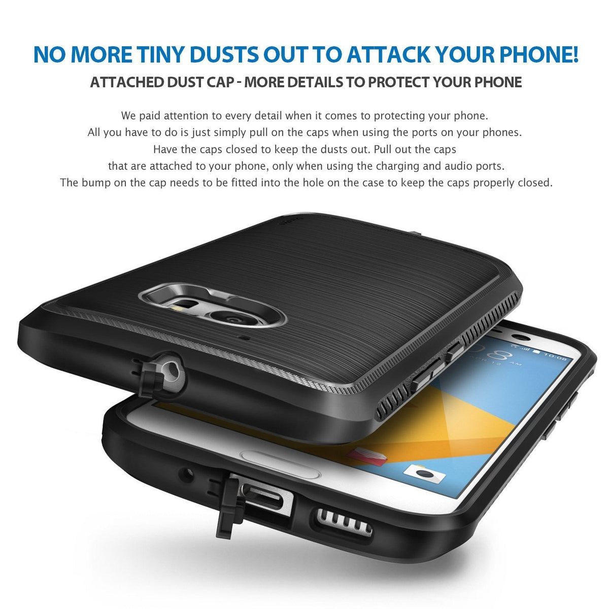 HTC 10 Case | Onyx - Black phone case with integrated port dust covers, shown from an angled perspective over a smartphone.