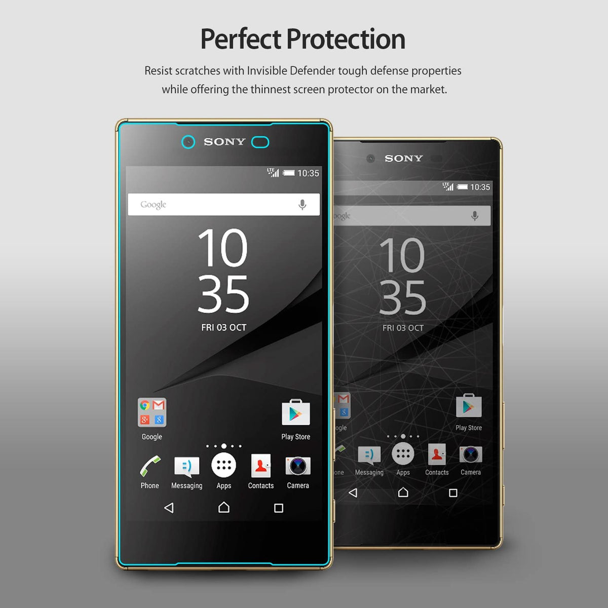 Xperia Z5 Premium Screen Protector | Invisible Defender - Xperia Z5 Premium Screen Protector - Two gold Sony smartphones side-by-side, one with a clear screen protector applied.