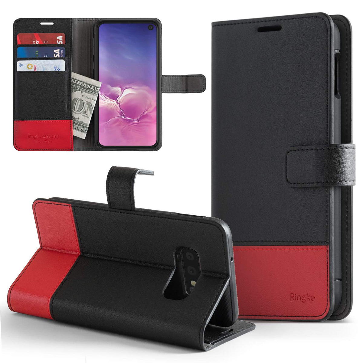 Galaxy S10e Case | Wallet - Black and red leather wallet case for Galaxy S10e with card slots, cash pocket, and stand.