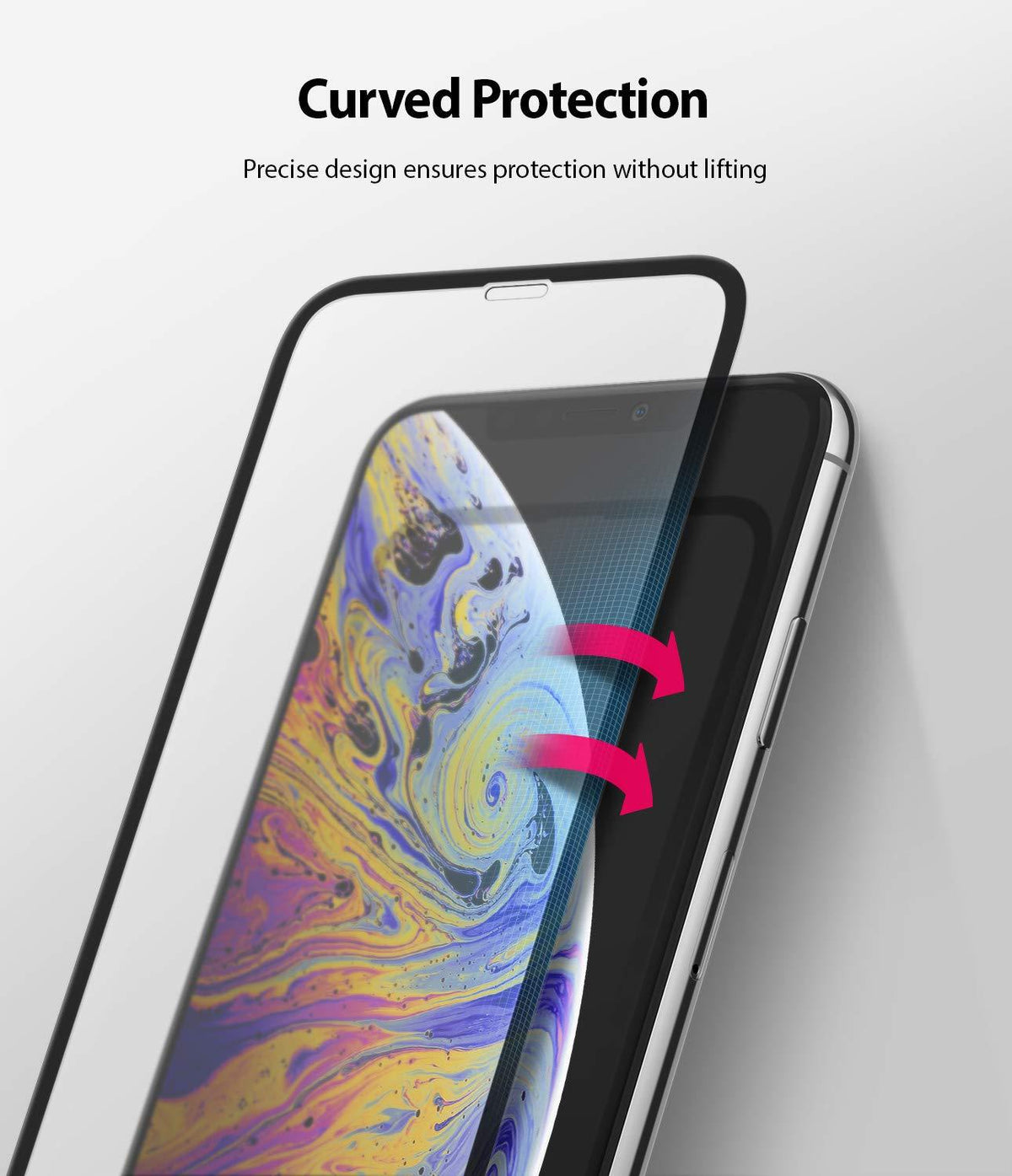 iPhone XS Screen Protector | Invisible Defender Glass - iPhone XS Screen Protector - Curved glass screen protector hovering above an iPhone XS with red arrows indicating edge fit.