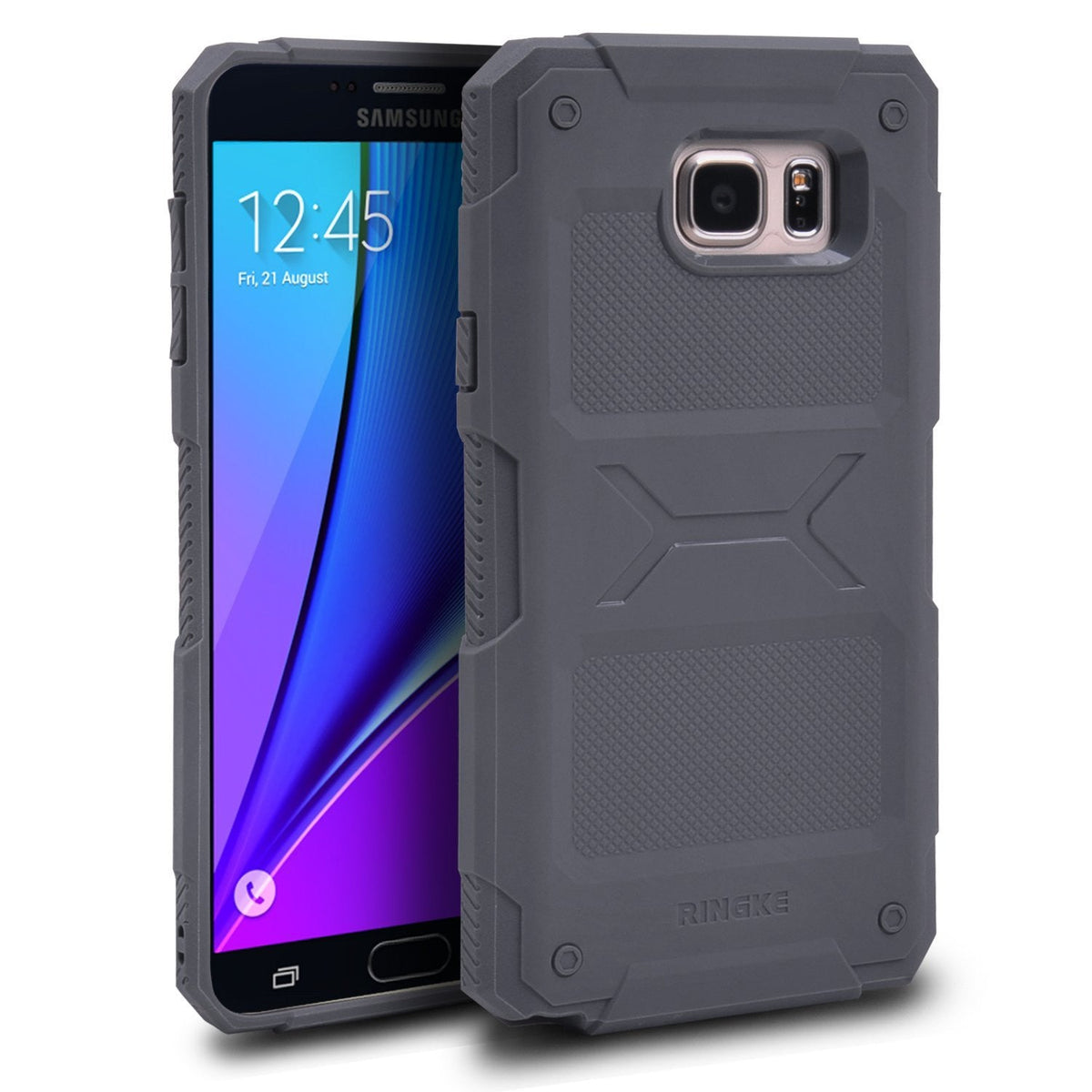 Galaxy Note 5 Case | Rebel - A rugged, dark grey protective phone case shown from the front and back against a white background.