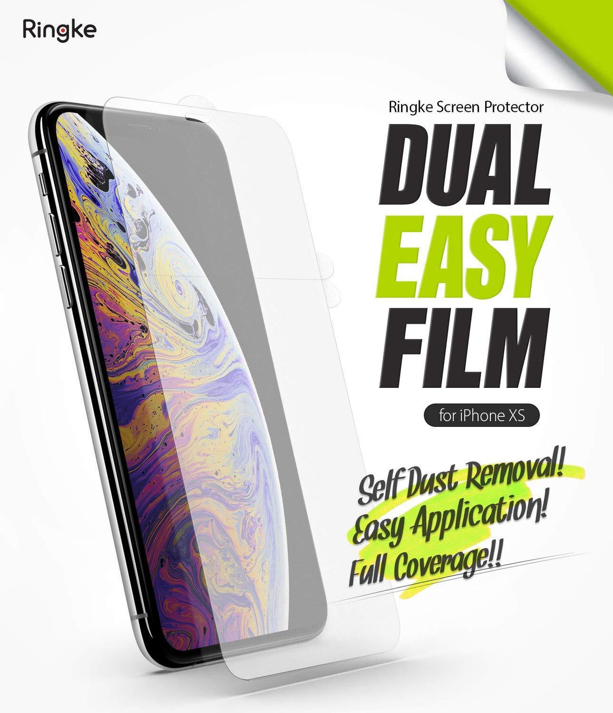 iPhone XS Screen Protector | Dual Easy Film - Clear screen protector film being applied to an iPhone XS with text highlights.