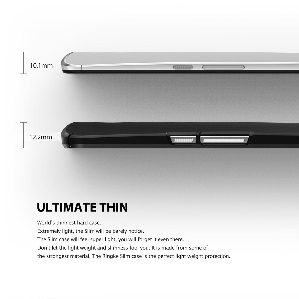 Google Nexus 6 Case | Slim - Side-by-side comparison of a phone without and with a case, showing thickness measurements of 10.1mm and 12.2mm.