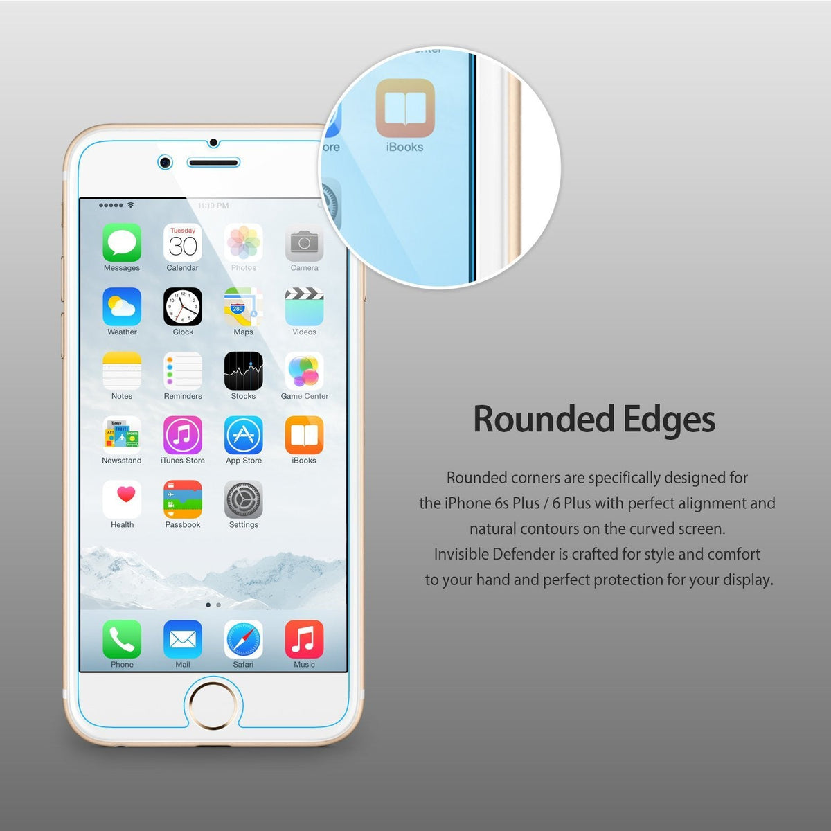 iPhone 6s Plus / 6 Plus Screen Protector | Invisible Defender - iPhone 6s Plus / 6 Plus Screen Protector - Smartphone with a screen protector showing a magnified view of rounded edges.