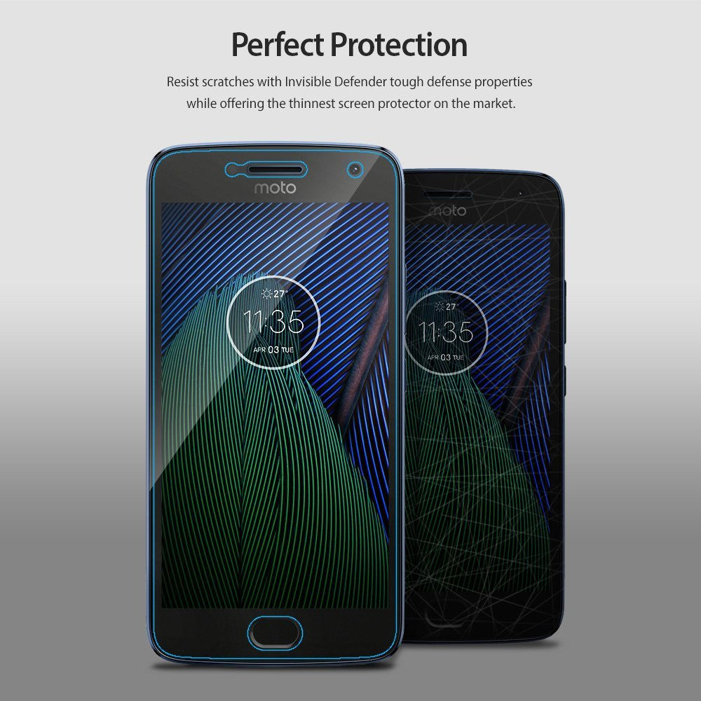 Moto G5 Plus Screen Protector | Film - Moto G5 Plus Screen Protector - Two Moto G5 Plus phones, one with a thin screen protector applied, showing time and date.