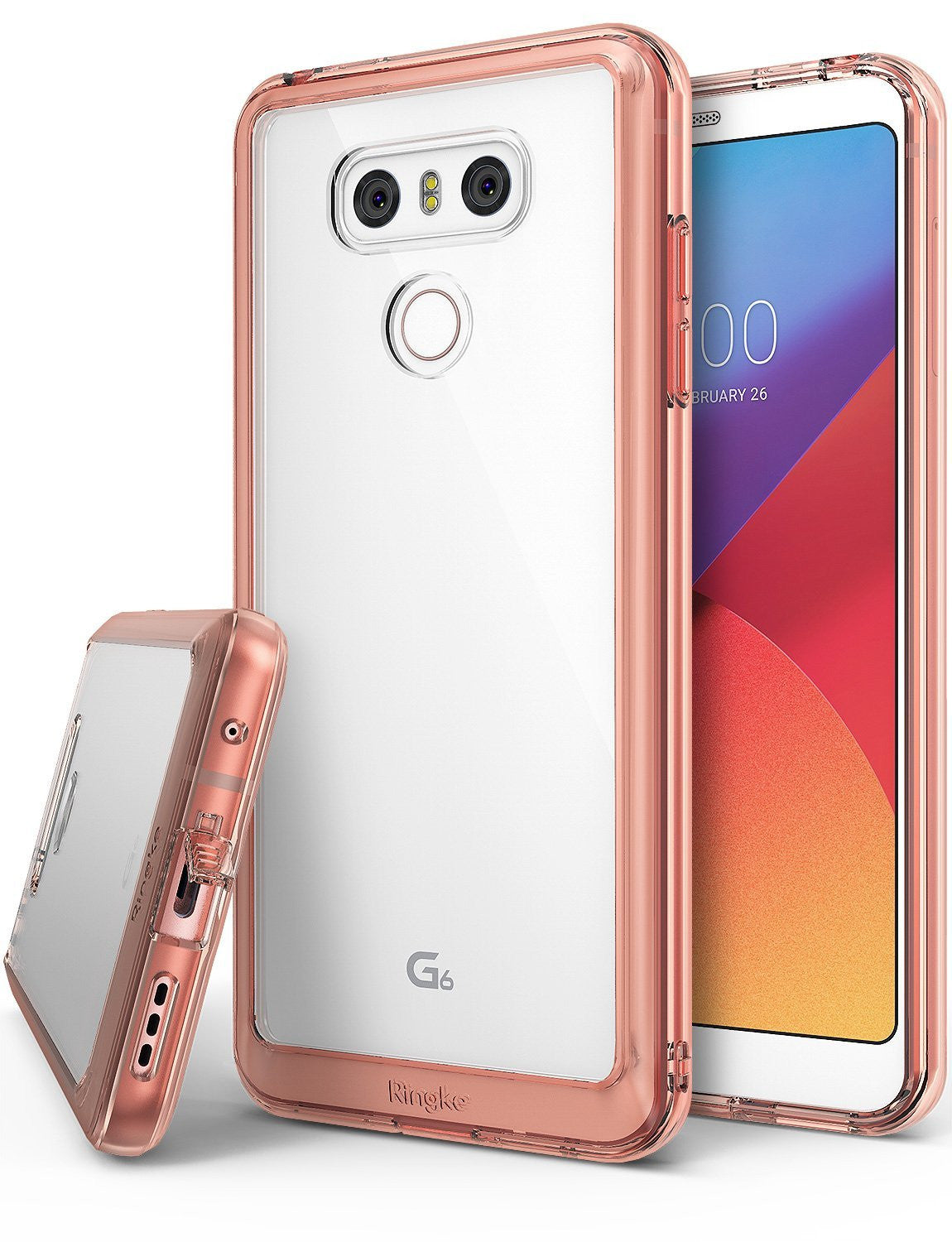 LG G6 Case | Fusion - Clear phone case with rose gold bumper for LG G6, shown from back, front, and side angles.
