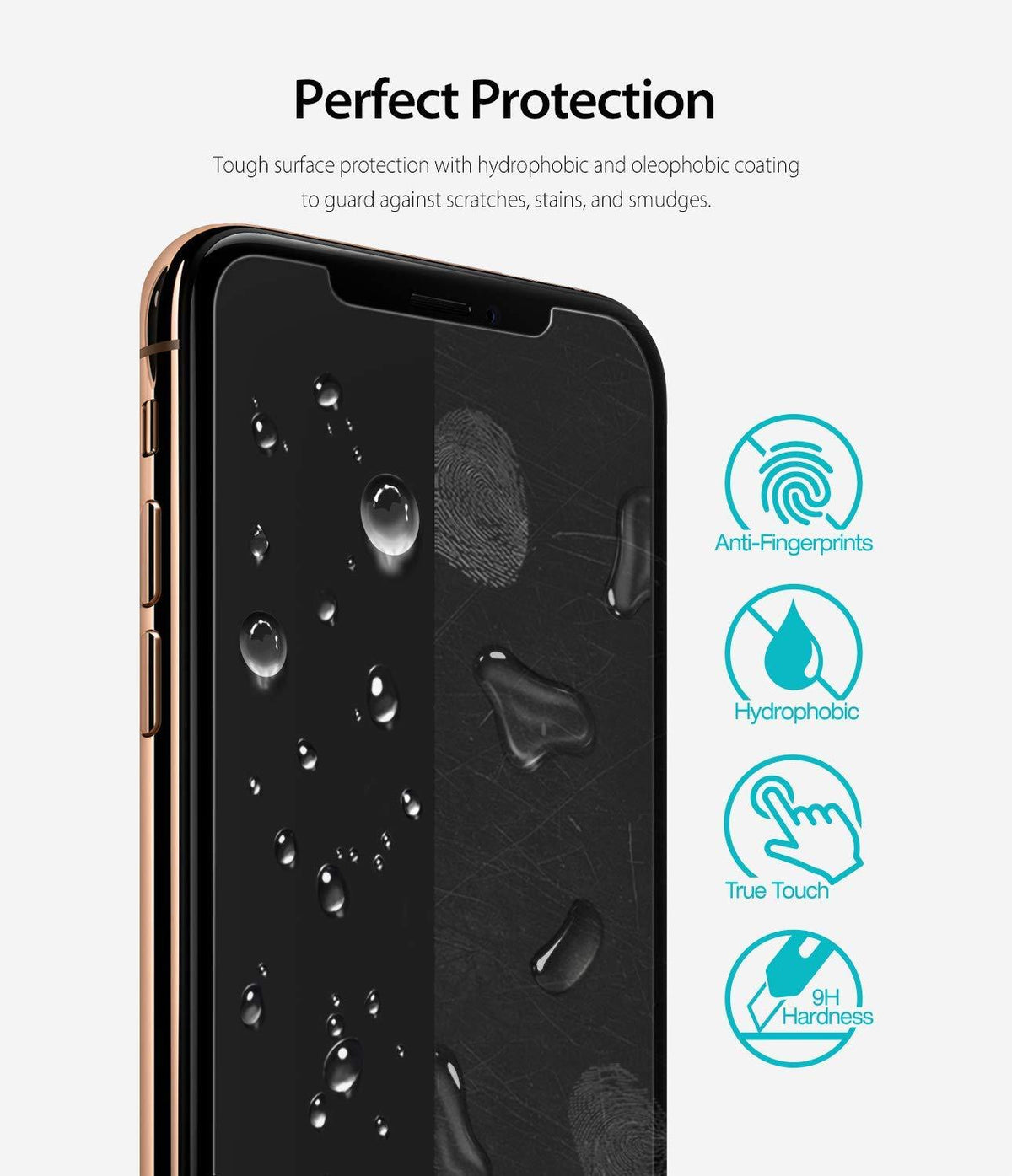 iPhone XS Screen Protector | Invisible Defender Glass - iPhone XS Screen Protector - Smartphone with water droplets and fingerprint icons highlighting protective features.