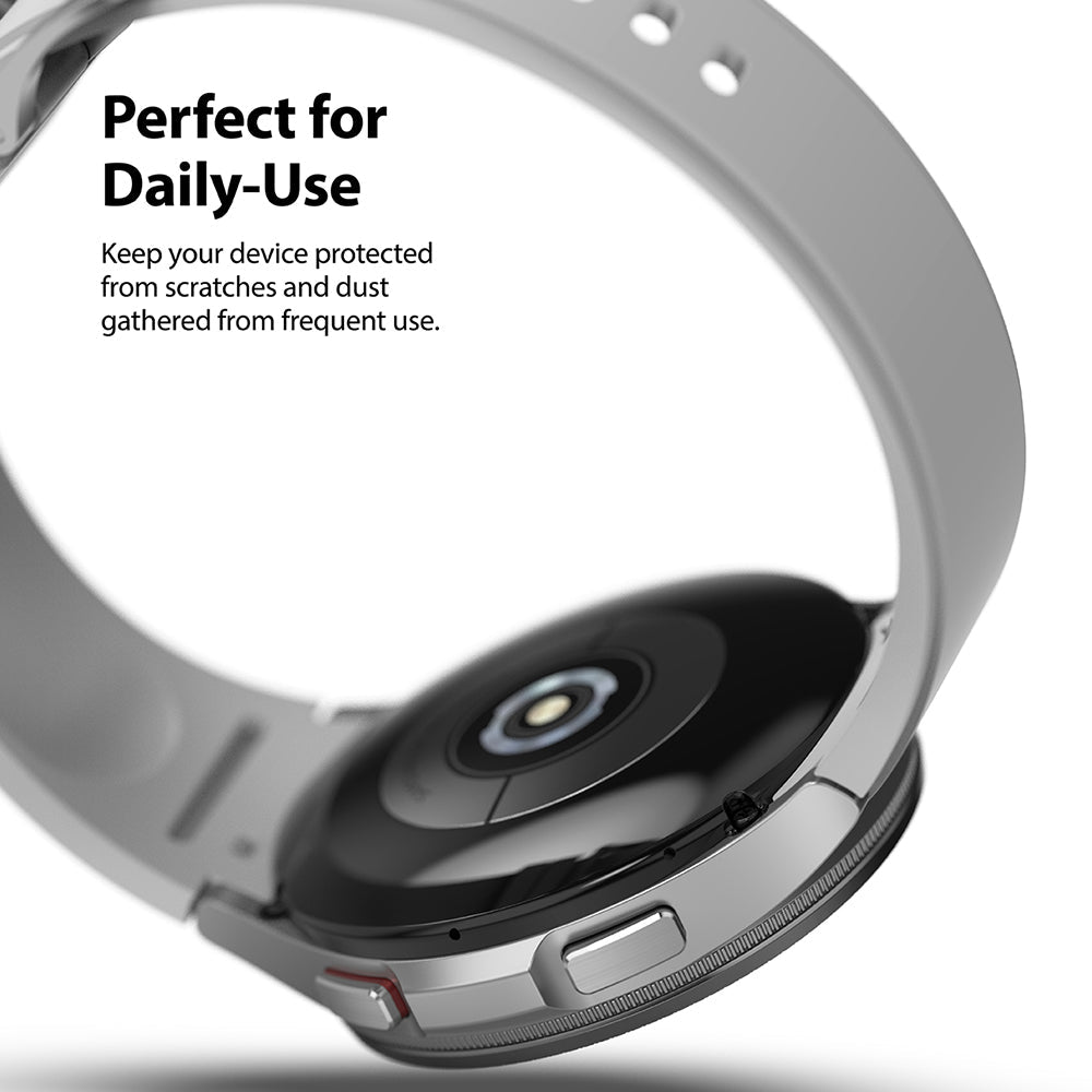 Galaxy Watch 4 Classic 46mm | Bezel Styling - Close-up of a silver smartwatch with a protective bezel and grey strap.