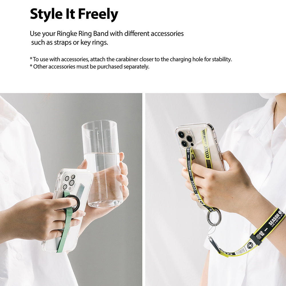 Ring Band Strap - Two hands holding a phone with a green finger ring strap and a yellow wrist lanyard attached.