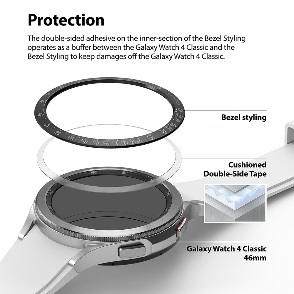 Galaxy Watch 4 Classic 46mm | Bezel Styling - Exploded view showing bezel ring, adhesive tape, and watch face assembly.