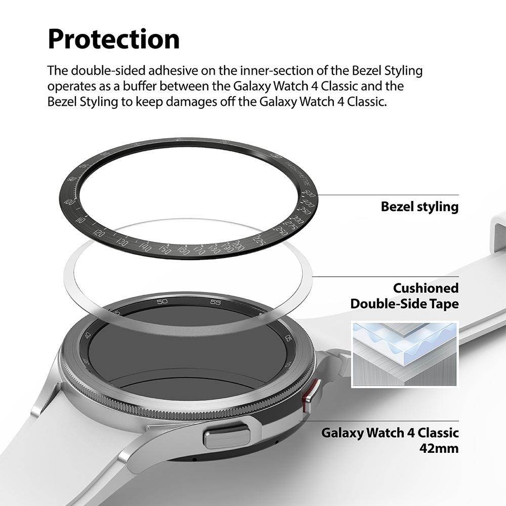 Galaxy Watch 4 Classic 46mm | Bezel Styling - Exploded view showing bezel ring, adhesive layer, and watch face assembly.