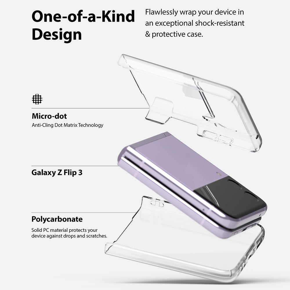 Galaxy Z Flip 3 Case | Slim - Exploded view of a lavender Galaxy Z Flip 3 phone between two clear protective case halves.