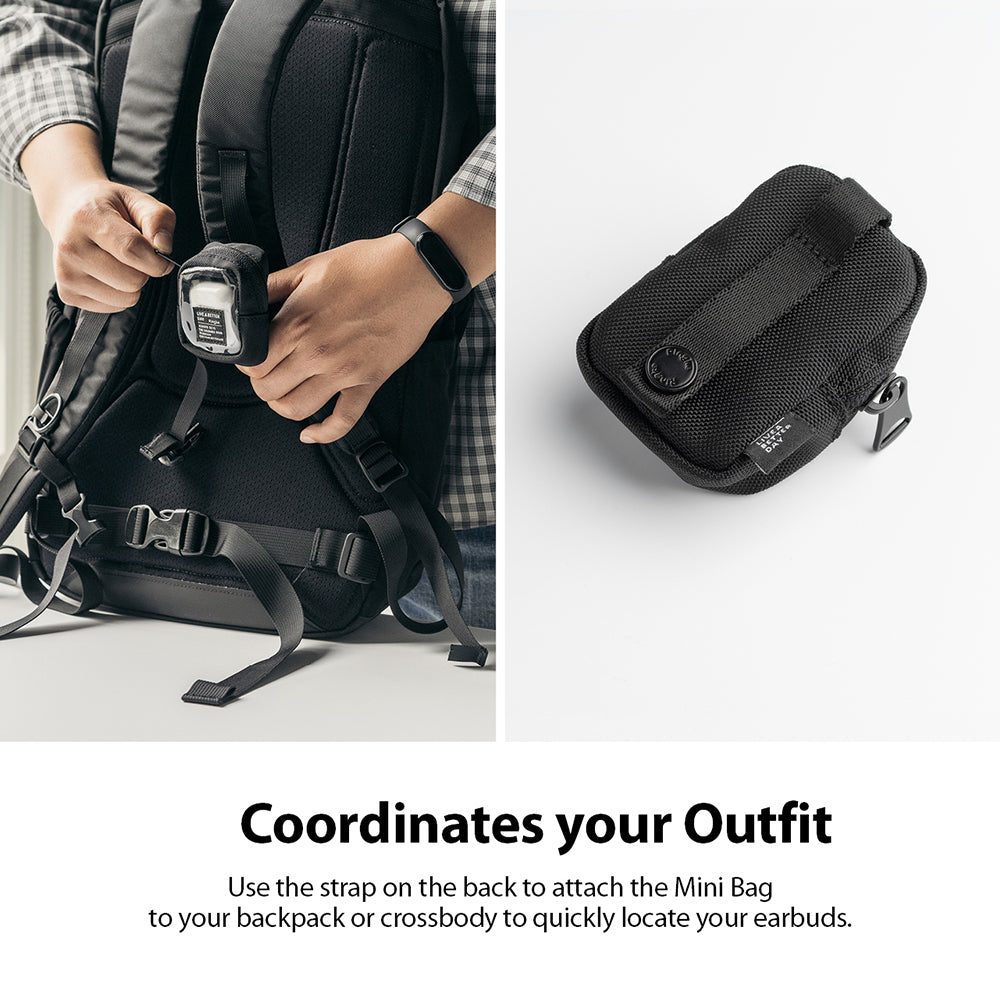 Mini Pouch | Block - A person attaches a small black textured pouch to a backpack strap, with a close-up view of the pouch.