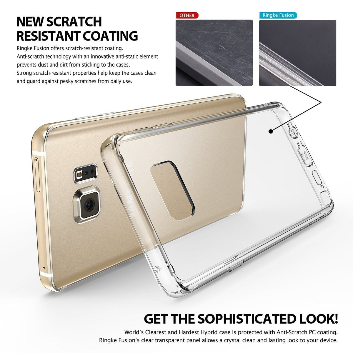 Galaxy Note 5 Case | Fusion - A clear phone case shown next to a gold Galaxy Note 5, highlighting scratch-resistant coating.
