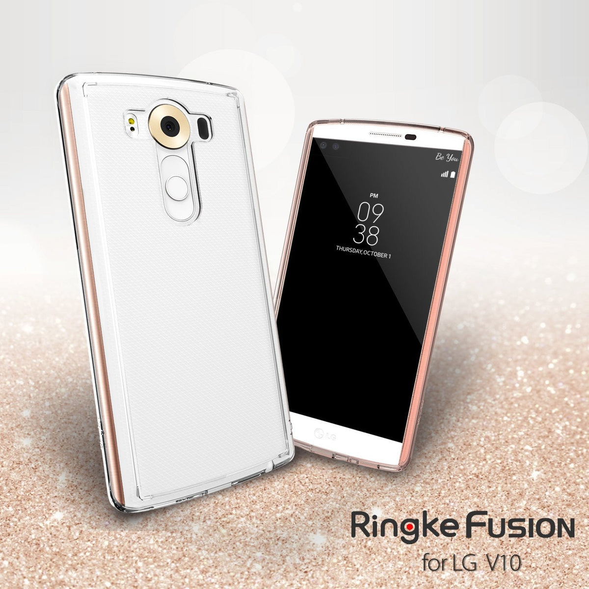 LG V10 Case | Fusion - Clear protective case on an LG V10 smartphone showing front and back views against a glittery background.