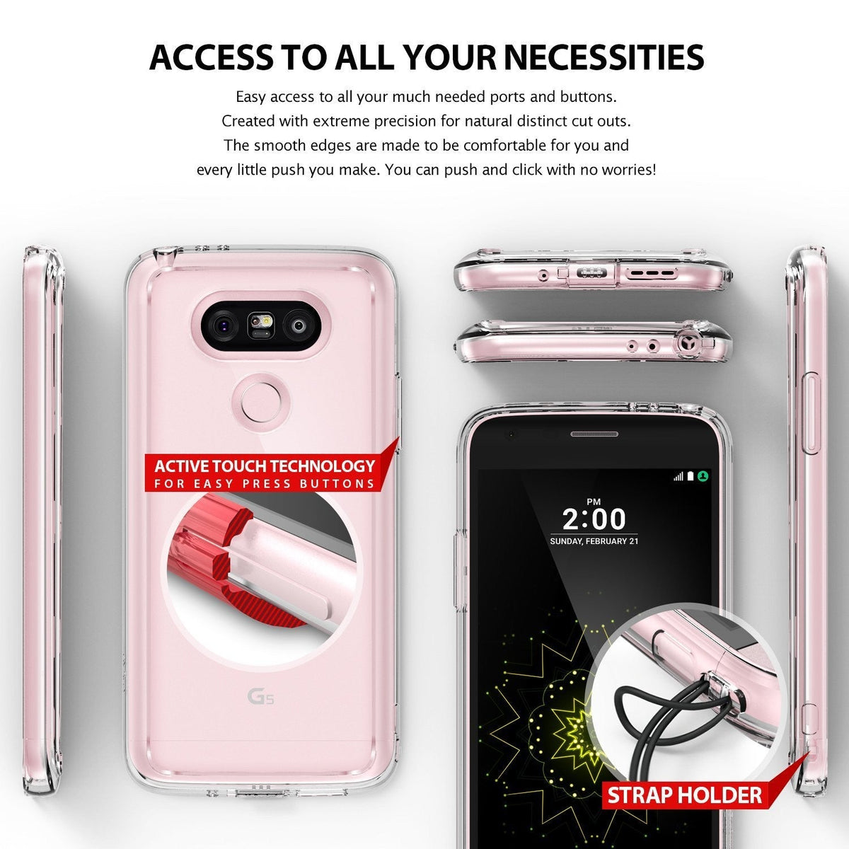 LG G5 Case | Fusion - Clear protective case for LG G5 showing button cutouts, strap holder, and active touch technology.