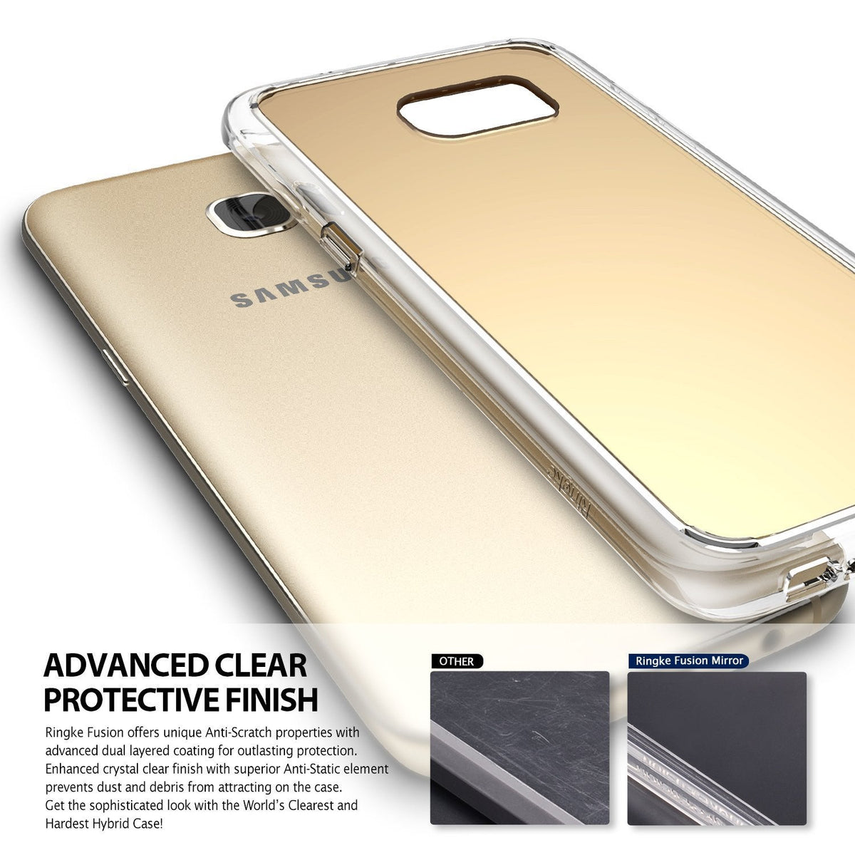 Galaxy S7 Edge Case | Mirror - Gold Samsung Galaxy S7 Edge phone beside a clear, reflective mirror-finish protective case.