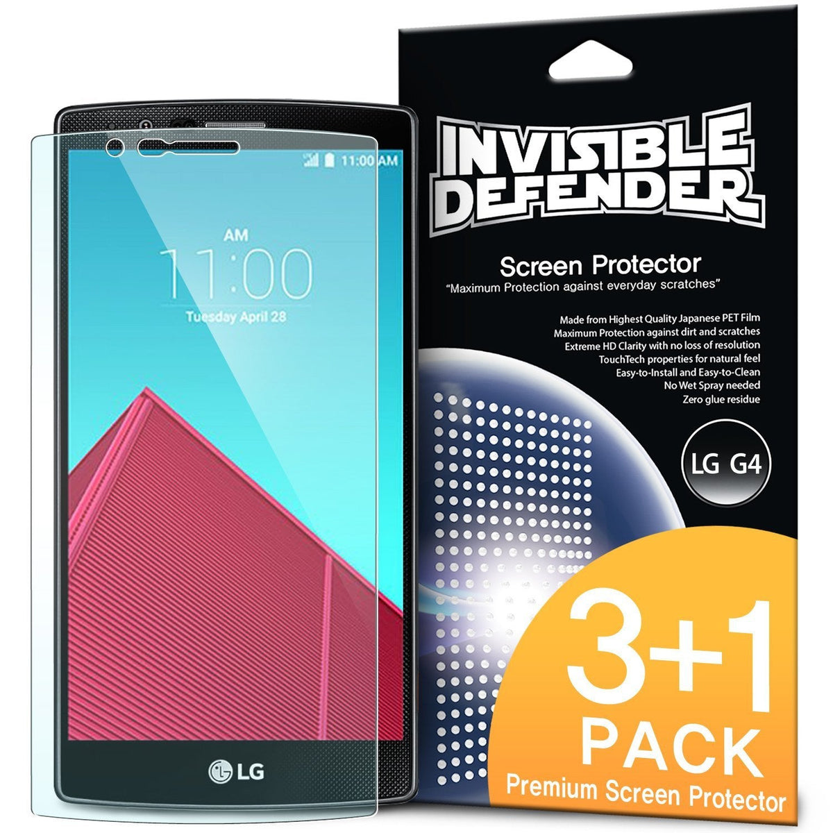 LG G4 Screen Protector | Invisible Defender - LG G4 Screen Protector - Invisible Defender 3+1 pack with a clear film overlaying an LG G4 smartphone.