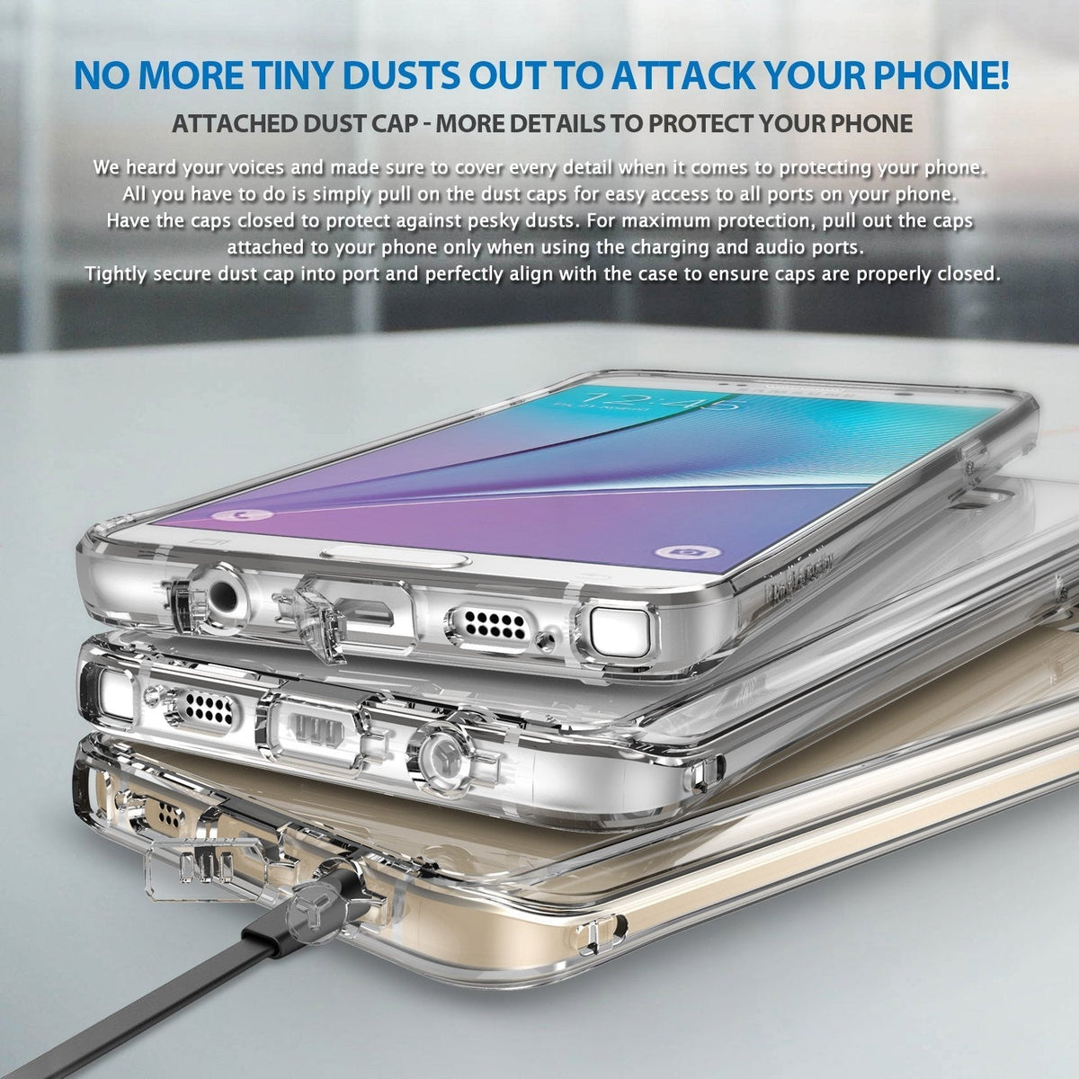 Galaxy Note 5 Case | Fusion - Stacked phones in clear cases showing integrated port dust covers and a charging cable.