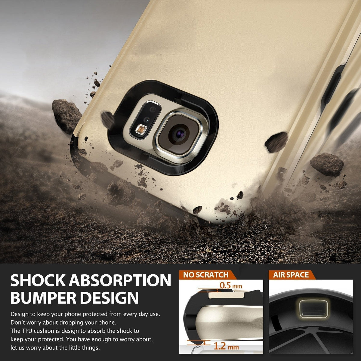 Galaxy S6 Case | Max - Gold phone case with shock-absorbing bumper design, showing camera protection and impact diagrams.