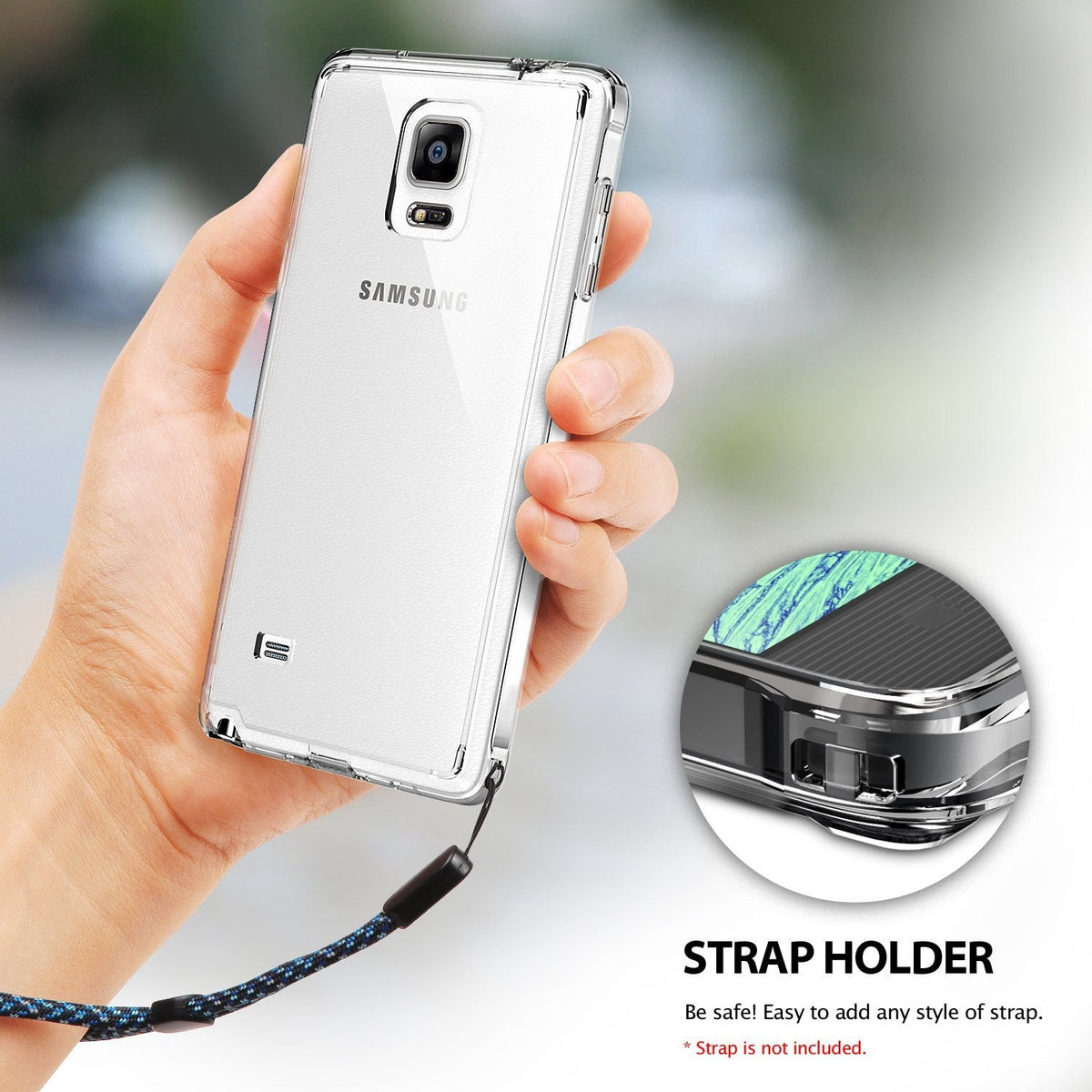 Galaxy Note 4 Case | Fusion - Clear protective case on a Samsung phone with a built-in strap holder and lanyard attachment.