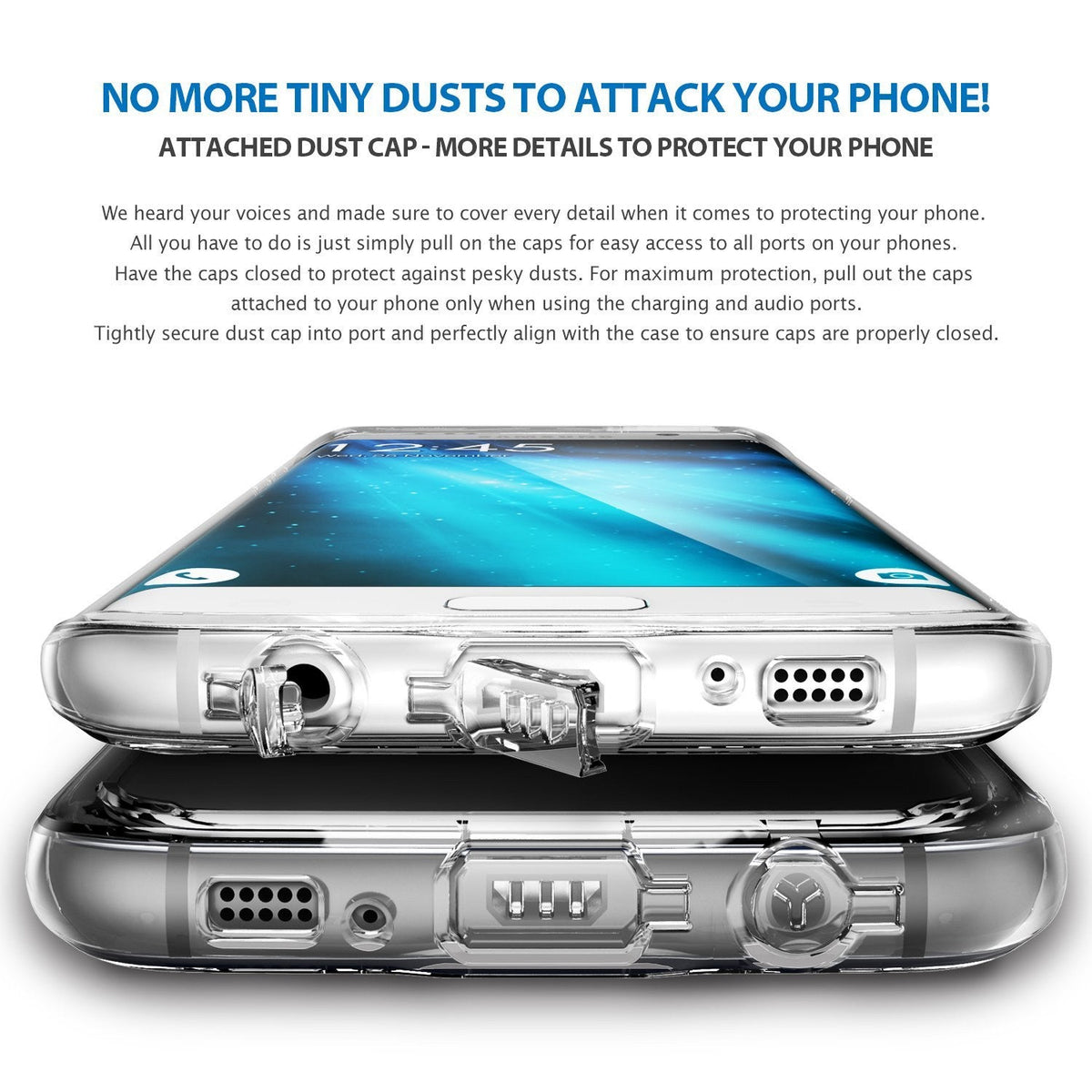 Galaxy S7 Edge Case | Fusion - Clear phone case with integrated dust caps covering the charging and audio ports.