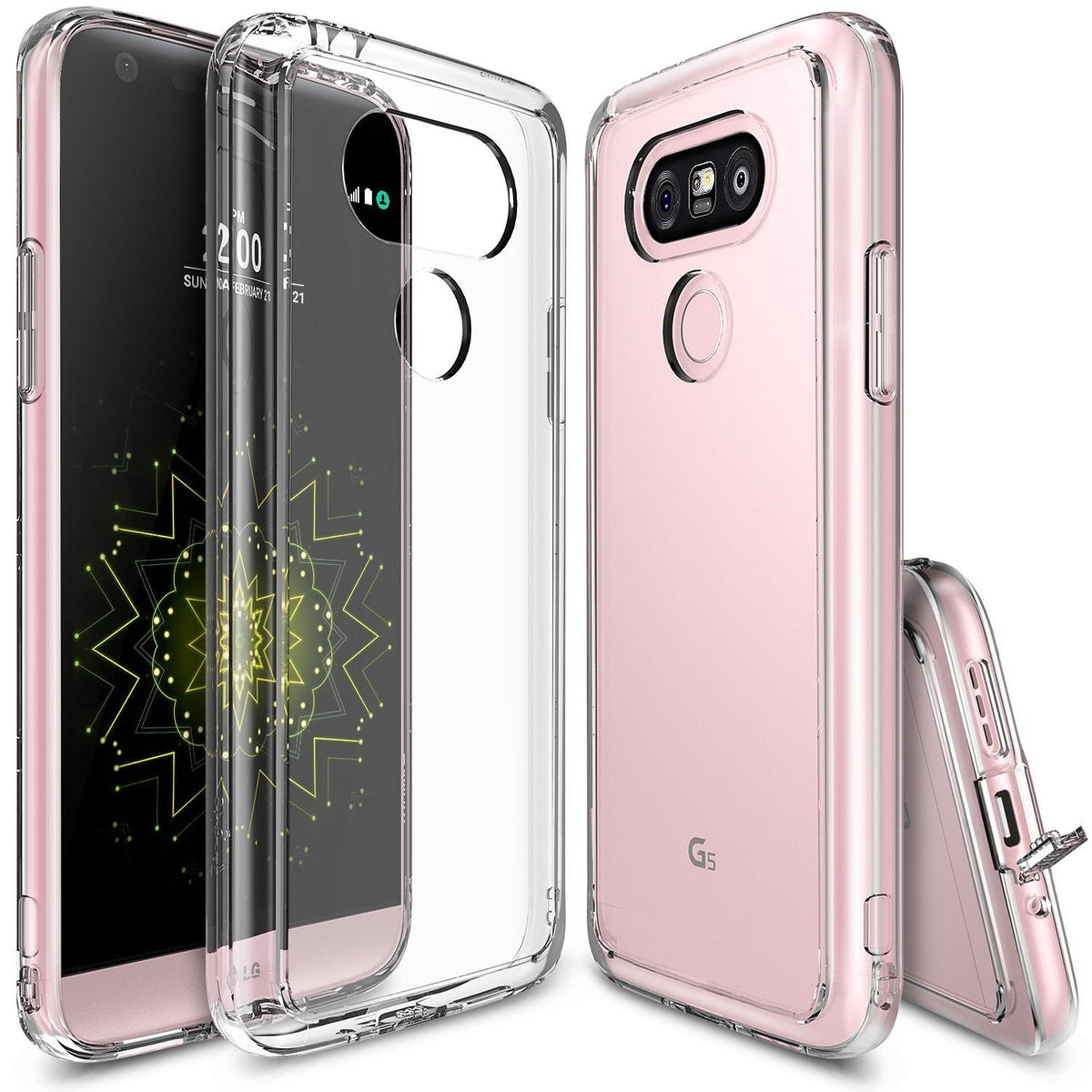LG G5 Case | Fusion - Clear protective phone case shown on a pink LG G5 smartphone from front, back, and side angles.