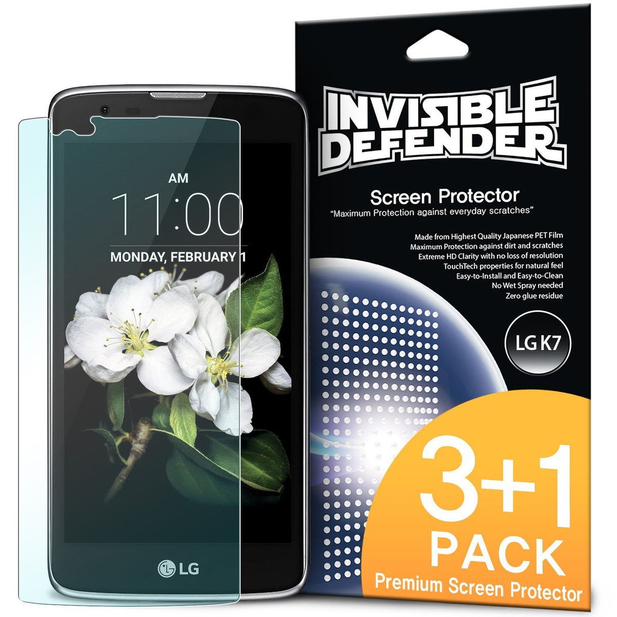 LG K7 / Tribute 5 Screen Protector | Invisible Defender - LG K7 / Tribute 5 Screen Protector - Invisible Defender 3+1 pack with a smartphone displaying a white flower wallpaper.