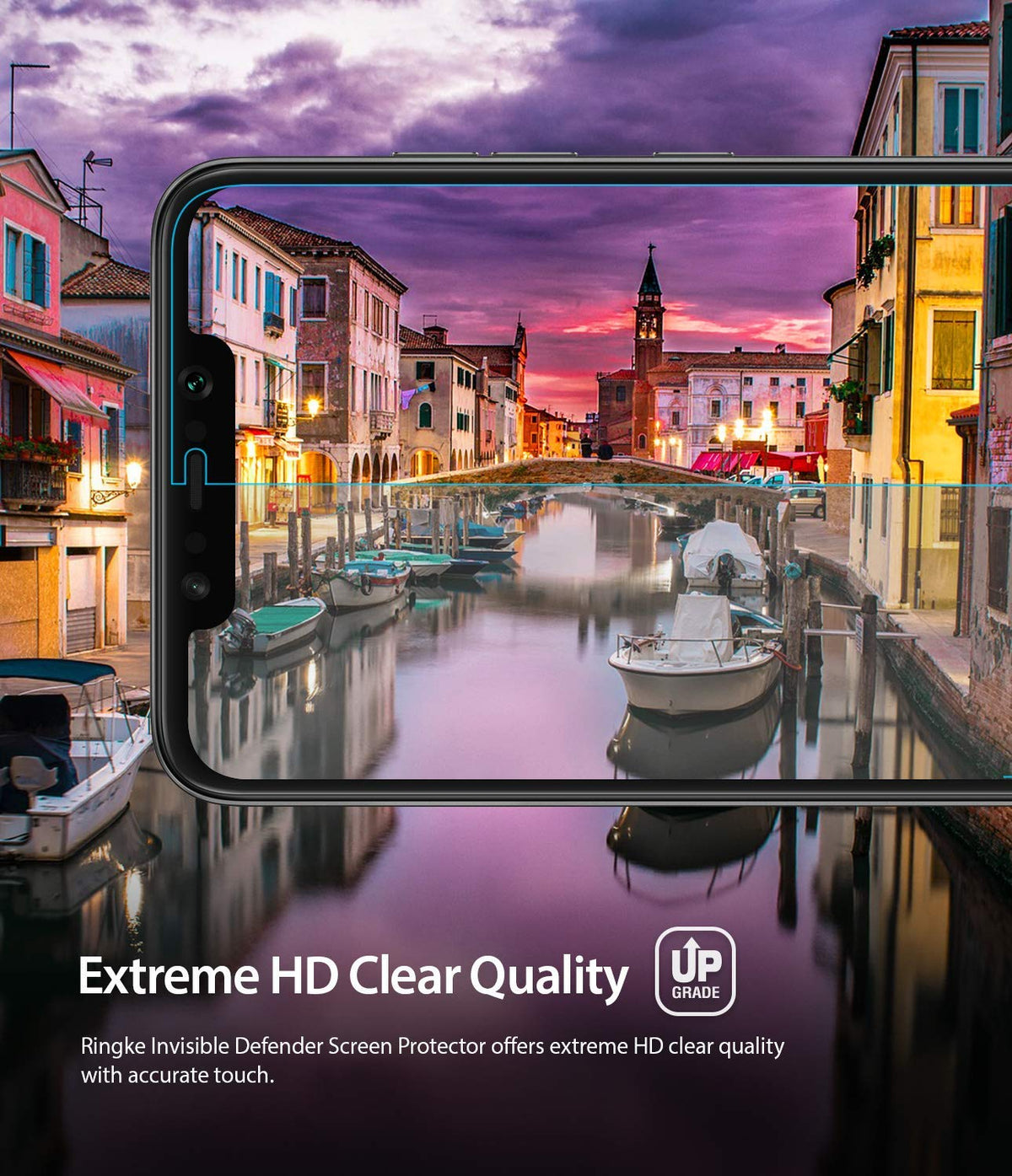 Pocophone F1 Screen Protector | Dual Easy Film - Smartphone displaying a vibrant canal scene to demonstrate screen clarity.