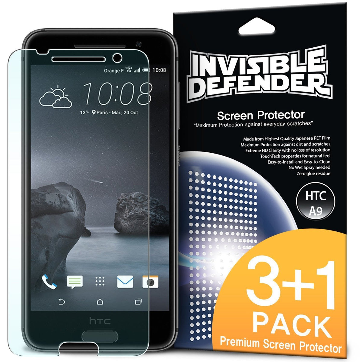 HTC One A9 Screen Protector | Invisible Defender - HTC One A9 Screen Protector - Invisible Defender 3+1 pack with a clear film overlaying an HTC A9 smartphone.