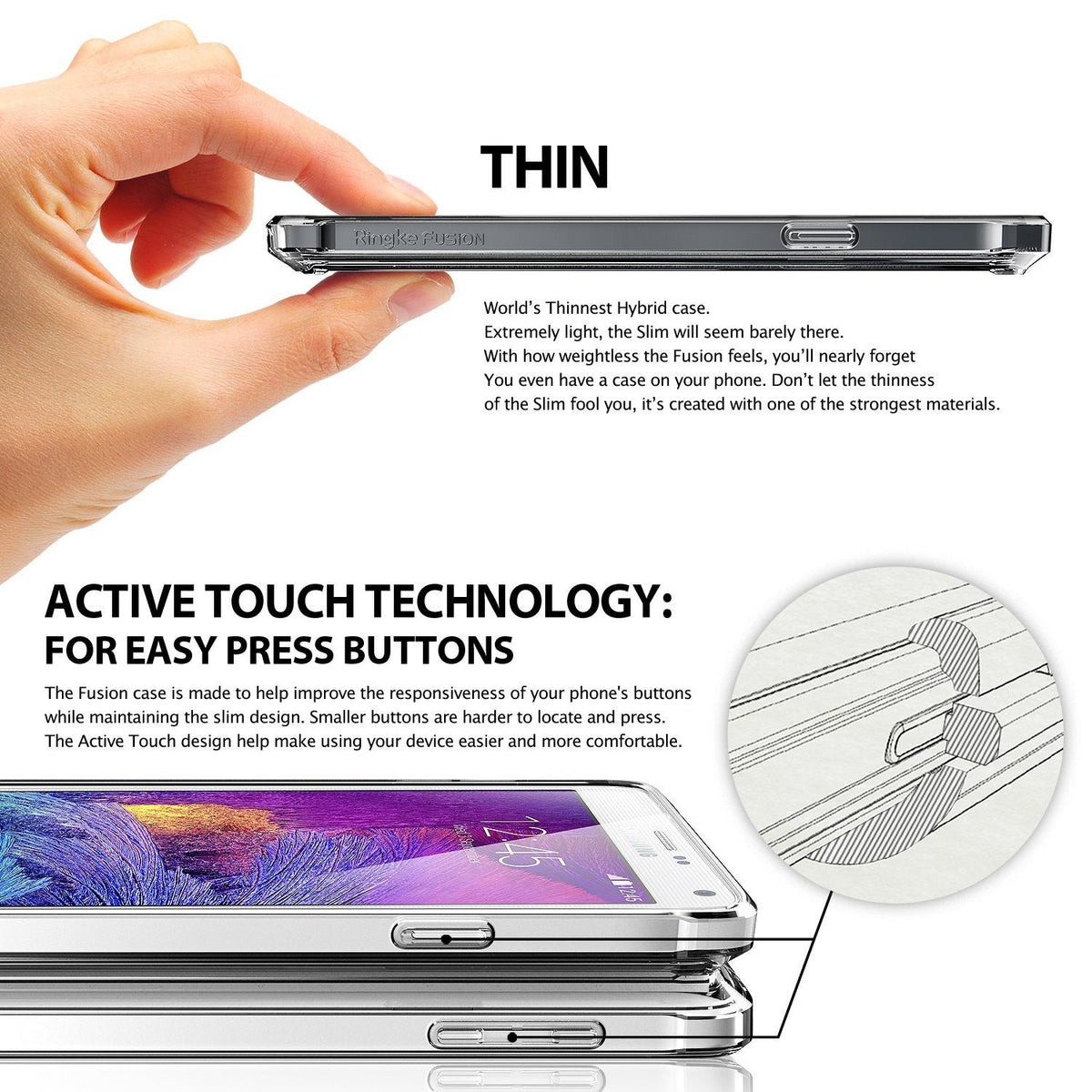 Galaxy Note 4 Case | Fusion - Hand holding a thin, clear phone case with highlighted button design and descriptive text.