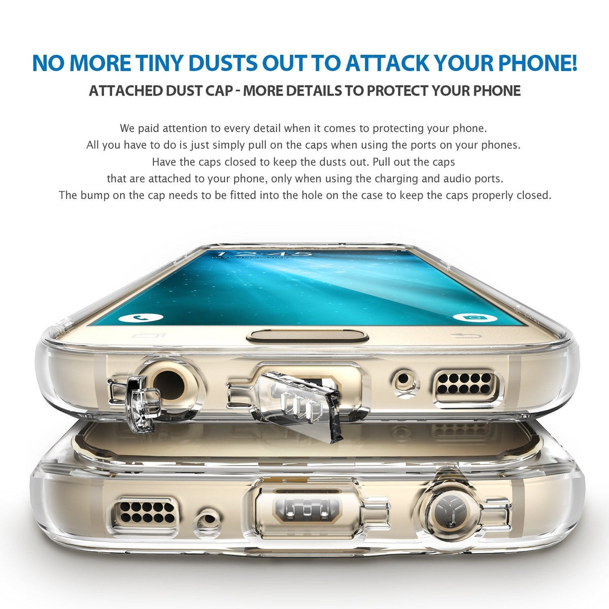 Galaxy S7 Case | Mirror - Close-up of phone case with integrated dust plugs for charging and audio ports.