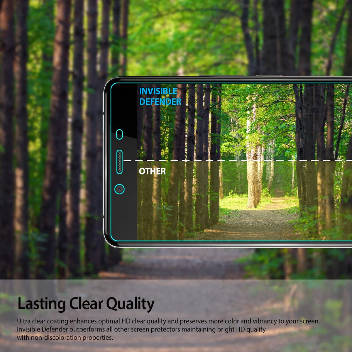 Xperia Z5 Premium Screen Protector | Invisible Defender - Xperia Z5 Premium Screen Protector - Comparison showing Invisible Defender clarity vs other screen protectors in a forest.
