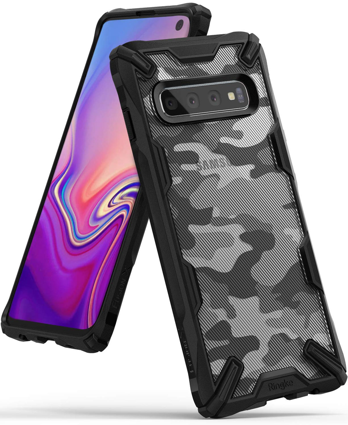 Galaxy S10 Case | Fusion-X Design - Rugged black phone case with a transparent grey camouflage back panel on a Galaxy S10.