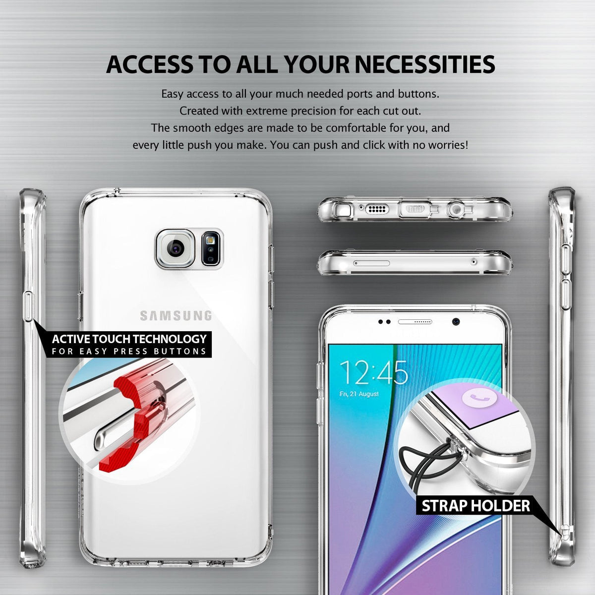 Galaxy Note 5 Case | Fusion - Clear phone case showing button cutouts, active touch technology, and a strap holder.