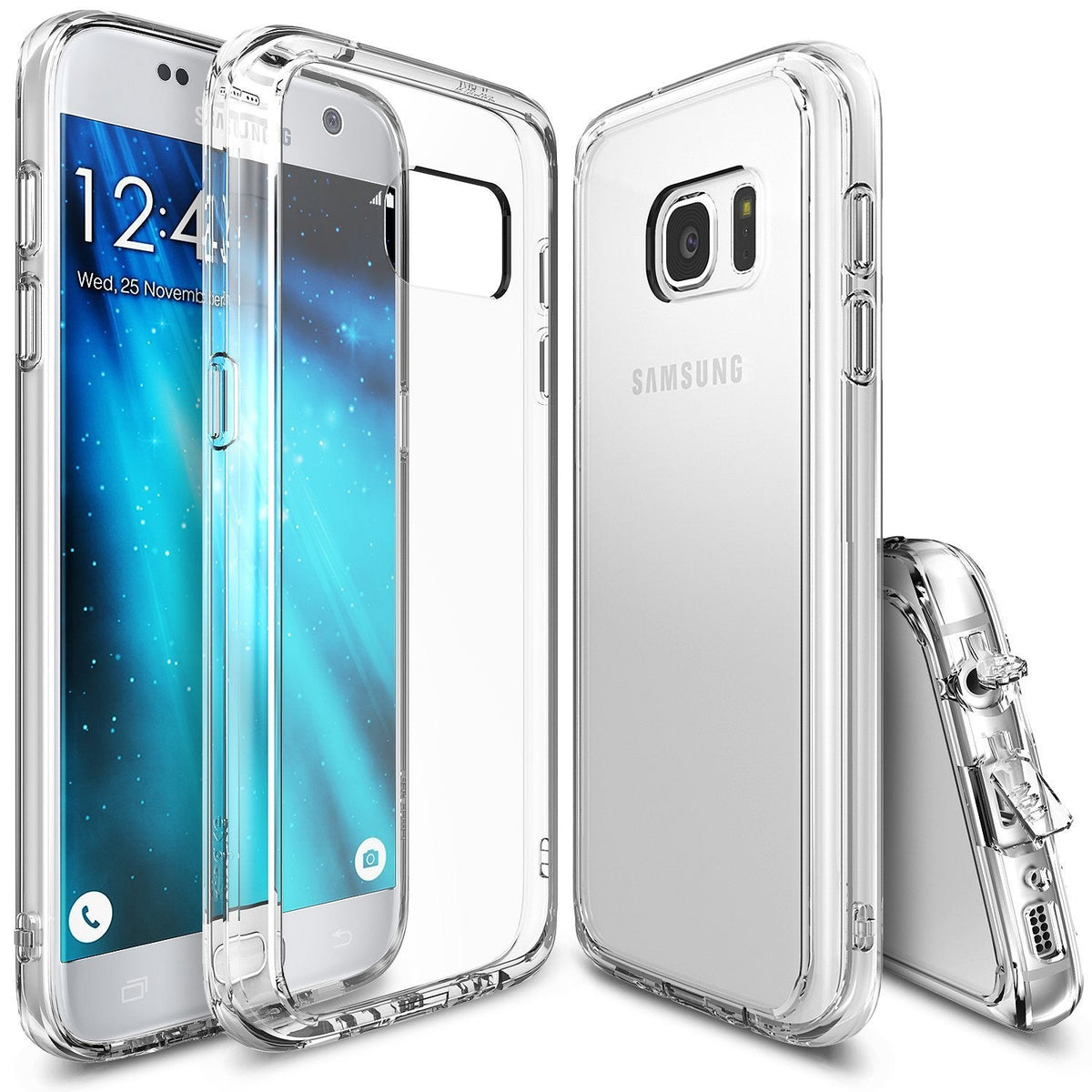 Galaxy S7 Case | Fusion - Clear protective phone case shown from front, back, and side angles on a white background.