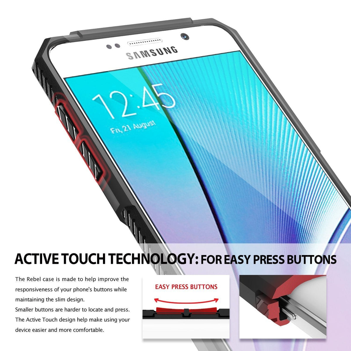 Galaxy Note 5 Case | Rebel - Close-up of phone case highlighting Active Touch button design with diagrams showing easy-press mechanics.