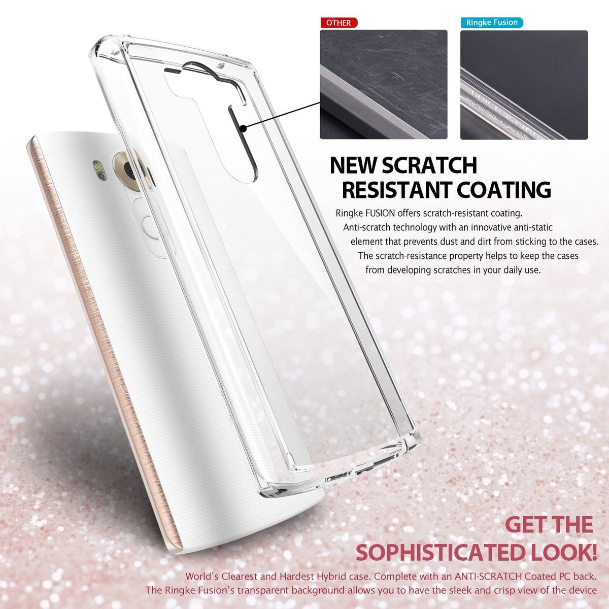 LG V10 Case | Fusion - Clear protective phone case showing scratch-resistant coating comparison against a standard case.