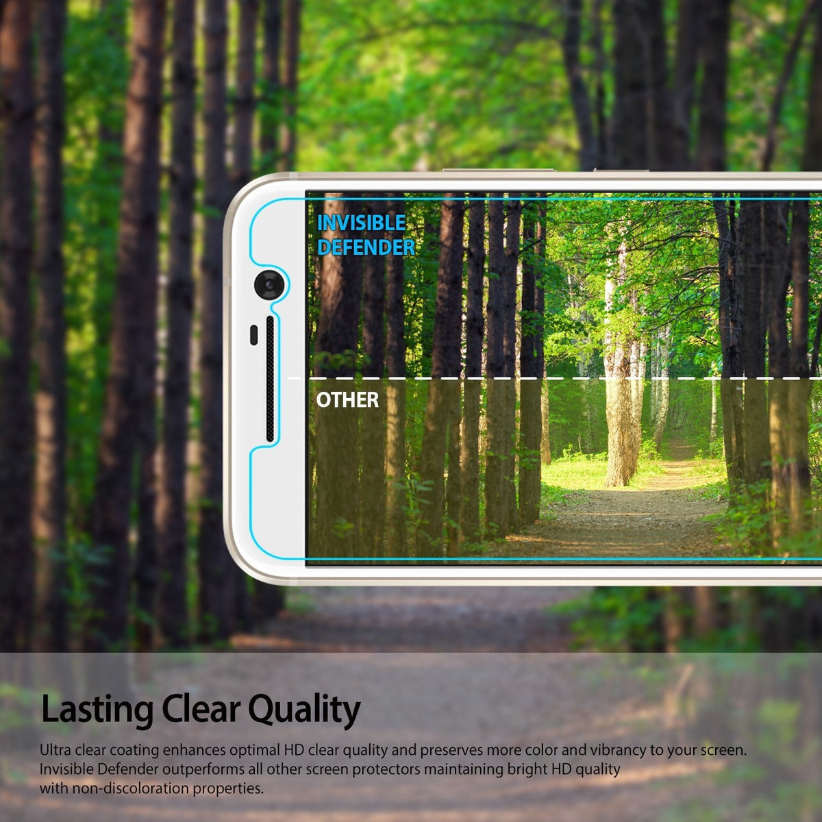 HTC 10 Screen Protector | Invisible Defender - Comparison showing clearer, brighter display quality versus others.