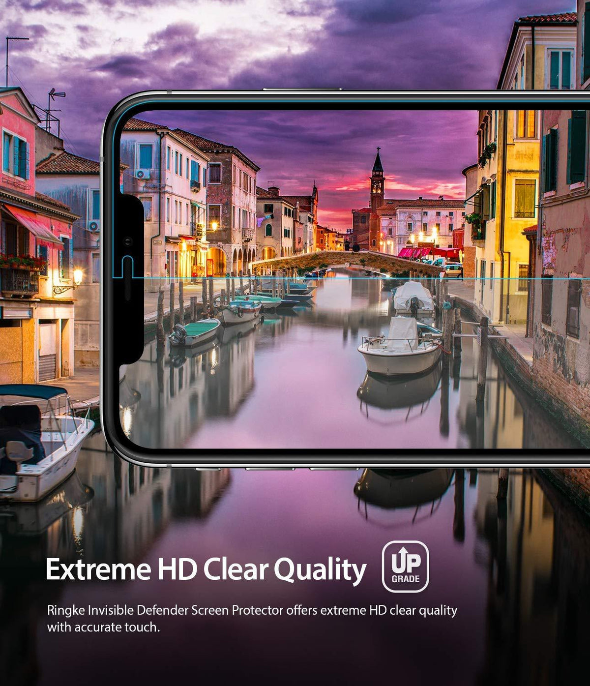 iPhone XS Screen Protector | Dual Easy Film - Smartphone displaying a vibrant canal scene with a clear screen protector.