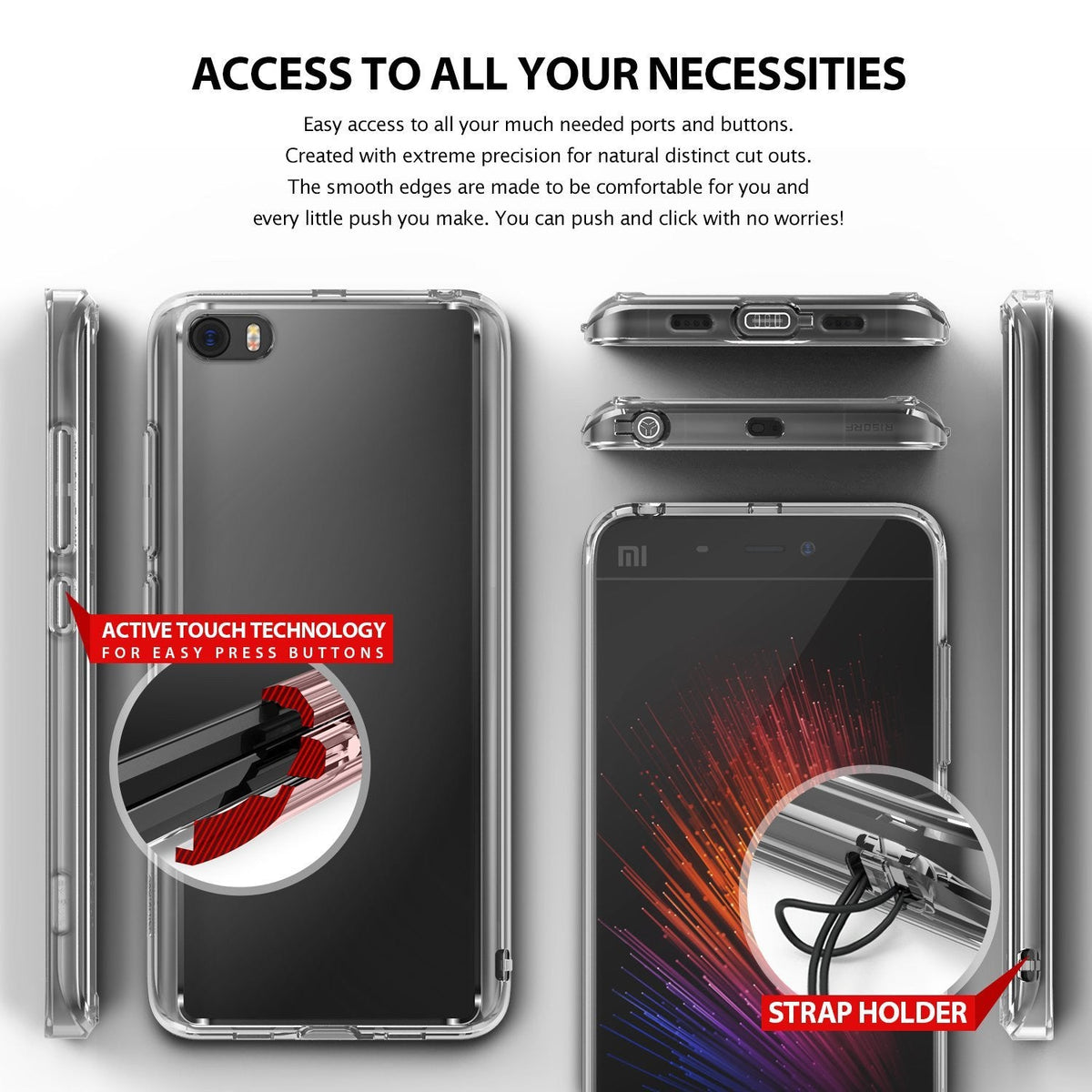 Mi 5 Case | Fusion - Clear protective phone case showing button cutouts, strap holder, and active touch technology.