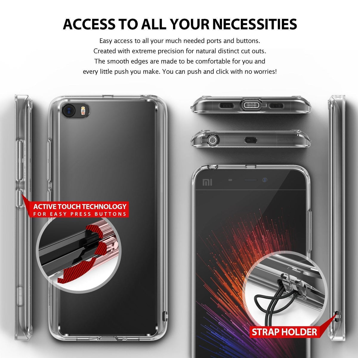 Mi 5 Case | Fusion - Clear phone case showing button cutouts, active touch technology, and a built-in strap holder.