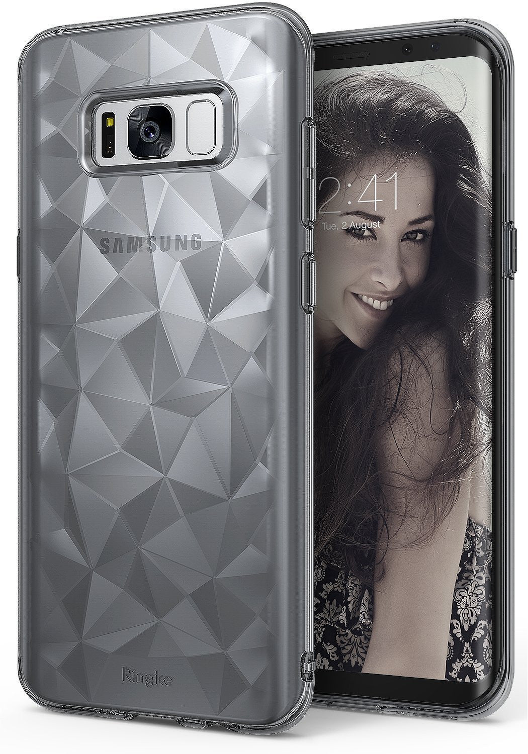 Galaxy S8 Case | Air Prism - Clear phone case with a geometric prism pattern on the back, shown on a Samsung Galaxy S8.